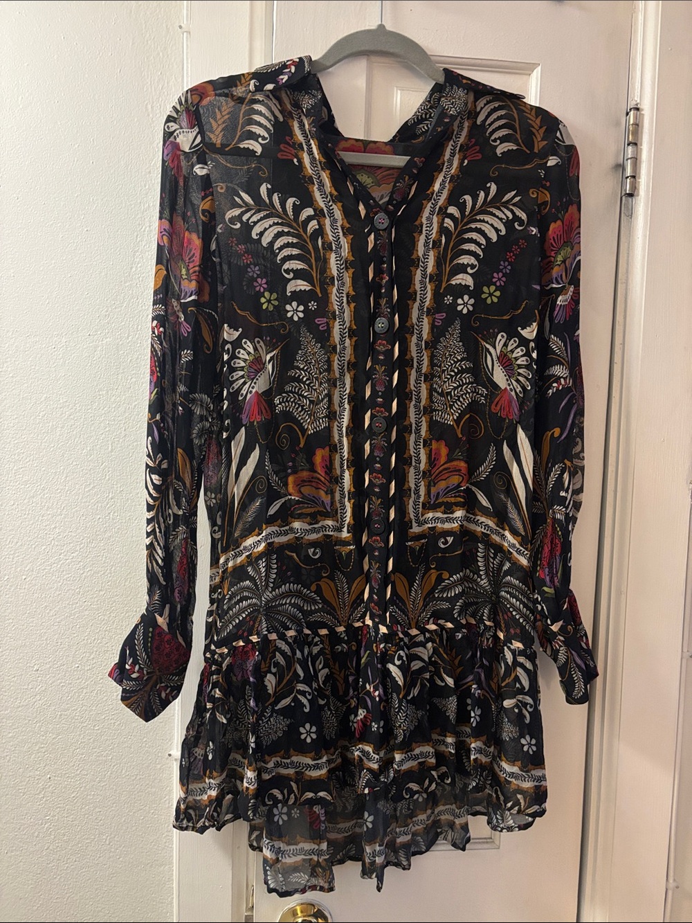 NWT Farm Rio Black Floral Long-Sleeve Tiered Mini Dress sheer XS